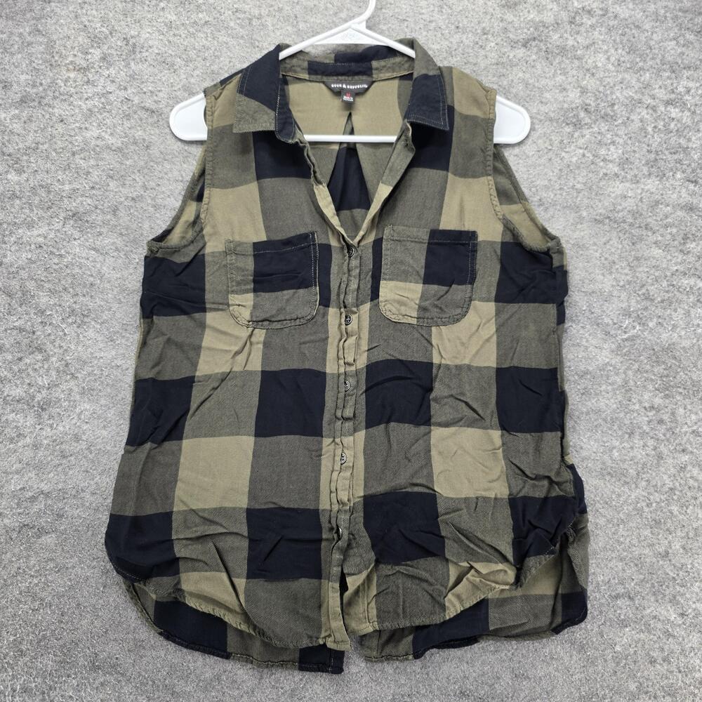 Rock & Republic Shirt Womens Medium Green Plaid Sleeveless Rayon Pockets